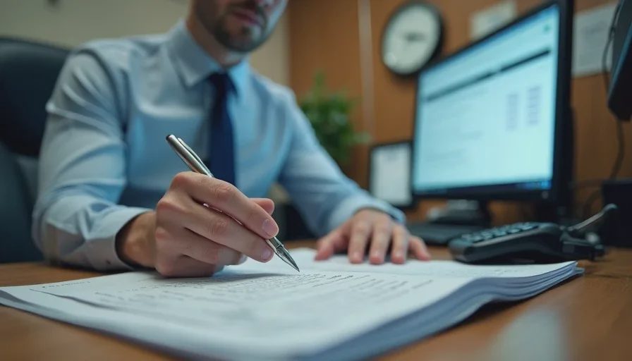 Bank fraud investigator reviewing dispute case file at office desk.