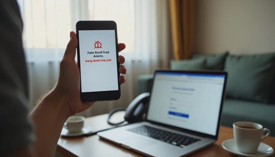 Person holding phone with fake bank fraud alert and phishing link.