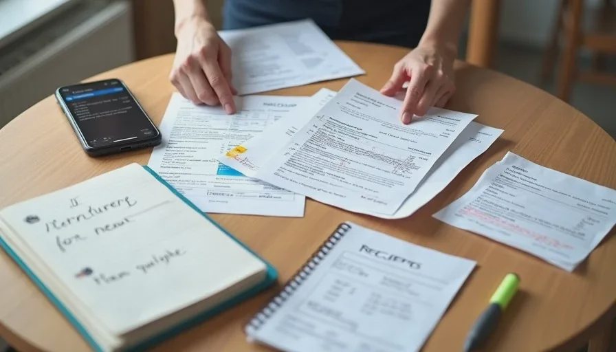 Person organizing printed screenshots and receipts into evidence piles.