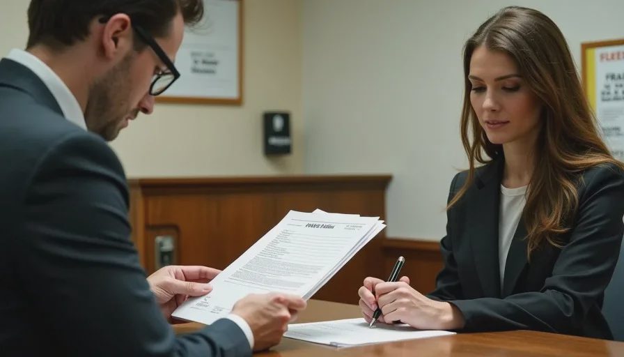 Accountant comparing fraud timeline with bank statements at office desk.
