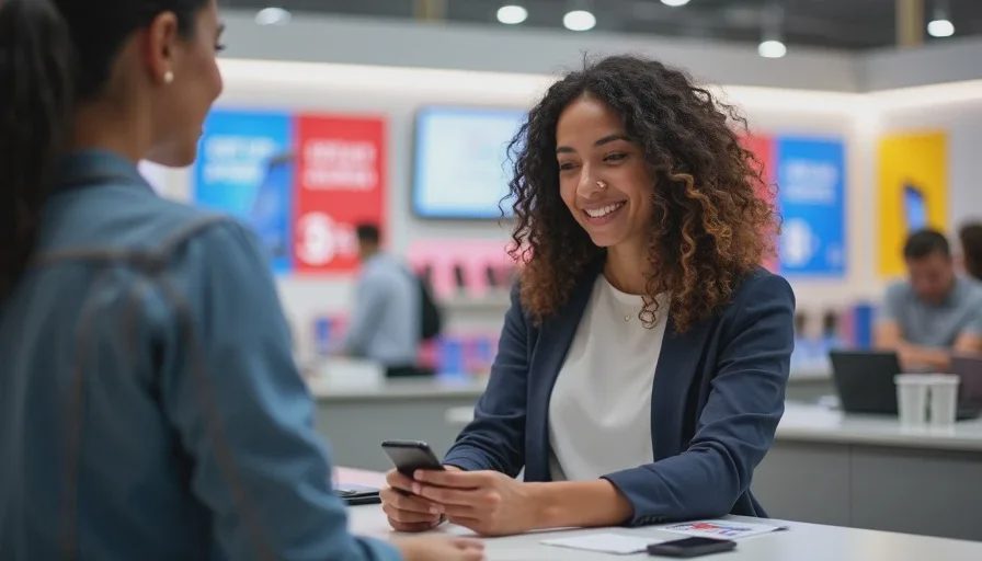 Customer at mobile carrier store counter changing account password.