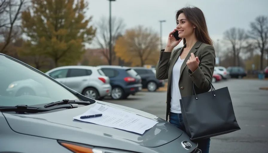 Woman in parking lot calling credit bureau with report on car hood.