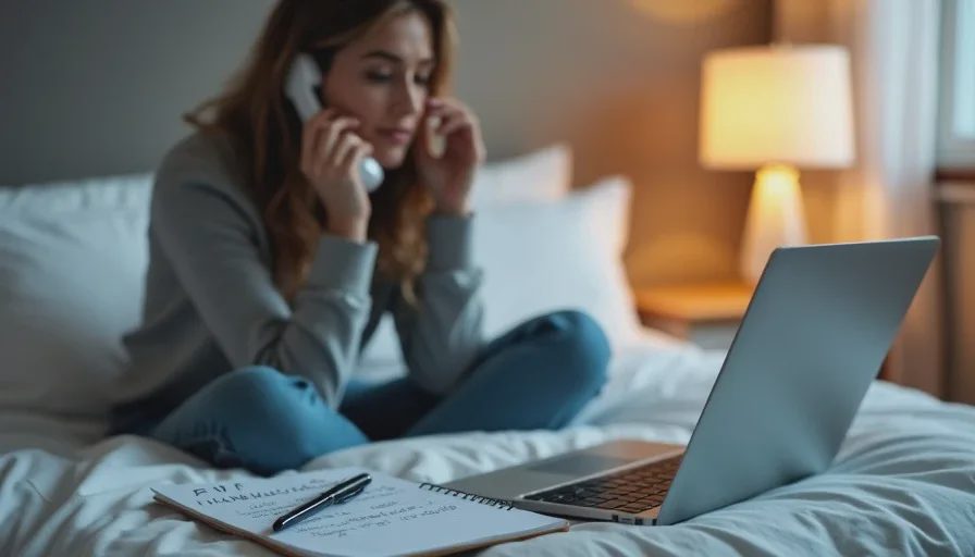 Person on bed calling FTC helpline with notepad and reference numbers.