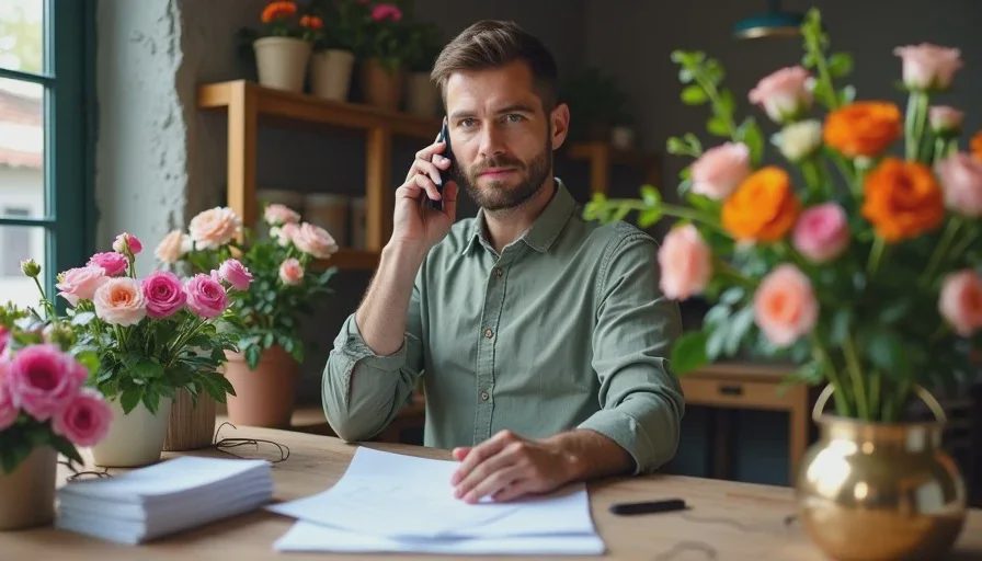 Florist in back workroom calling creditor fraud department.