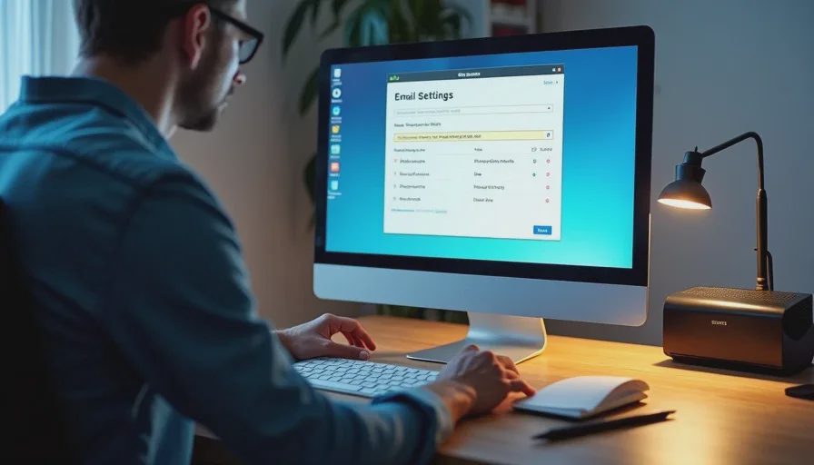 Person at basement desk checking email forwarding rule on monitor.