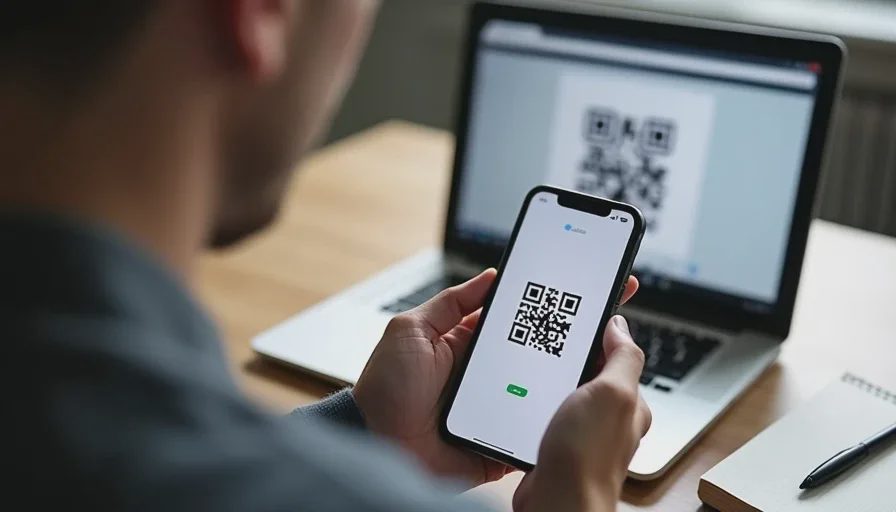 Person scanning QR code with authenticator app on phone.