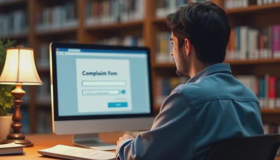 Person at library computer filing IC3 complaint with backup document.