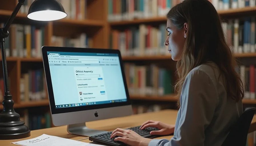 Woman at library computer typing official agency address directly.