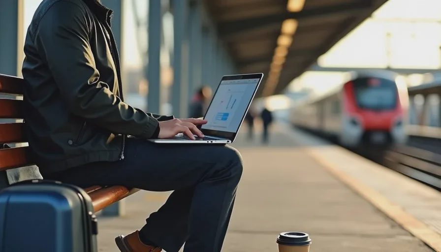 Commuter on train platform exporting full chat on laptop.