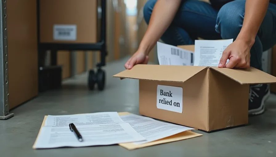 Person in self-storage unit reviewing bank documents and statements.