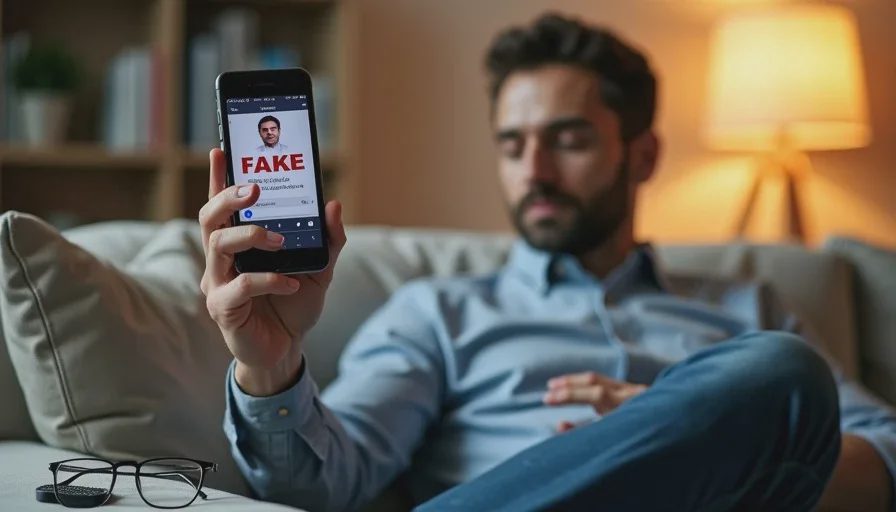 Man on sofa looking at fake government ID sent by text.