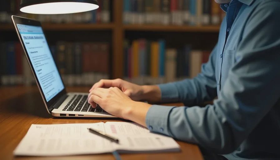 Person at library desk typing dispute statement with timeline notes.