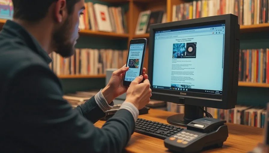 Record store owner photographing fake website on computer monitor.