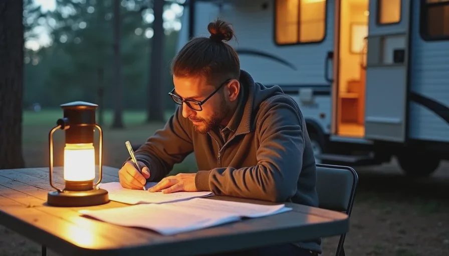 Person at RV campsite folding table writing formal appeal letter.