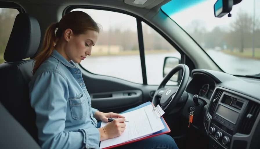 Mobile notary preparing credit bureau dispute in parked van.