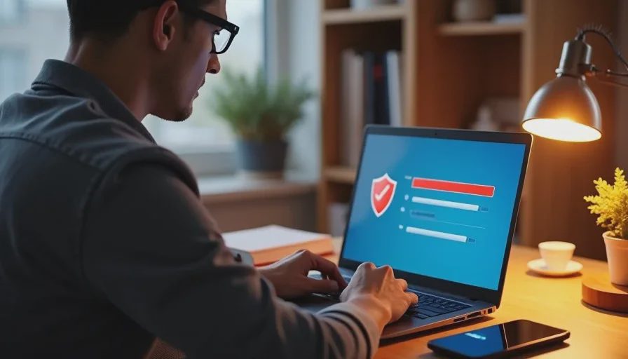Man at home office running malware scan on laptop.