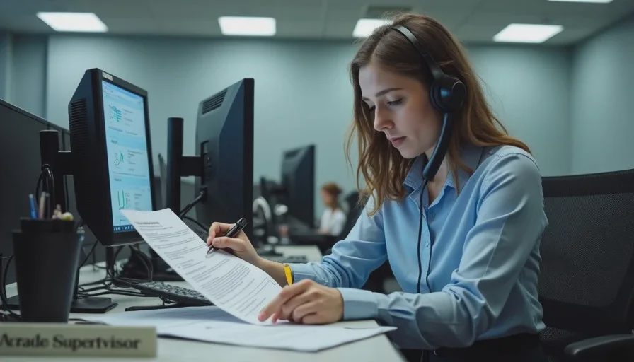 Bank fraud supervisor reviewing dispute file and taking call.