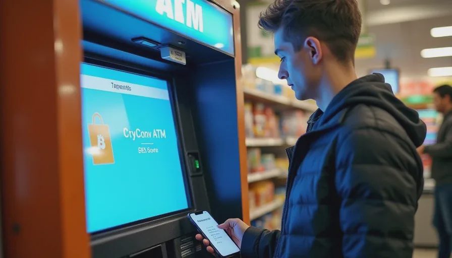 Young man at crypto ATM holding cash and phone with wallet address.