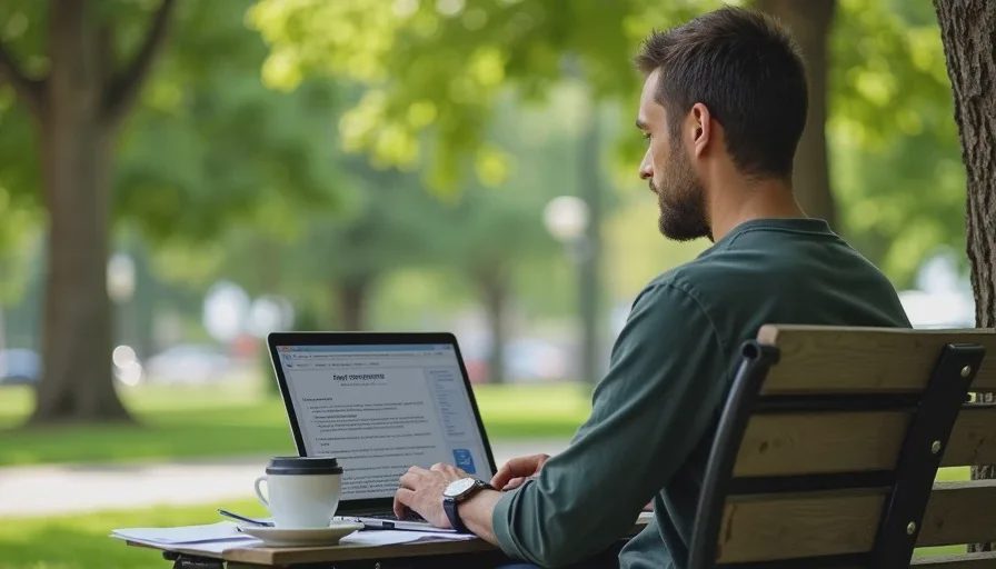 Person on park bench filing complaint on laptop with denial letter.
