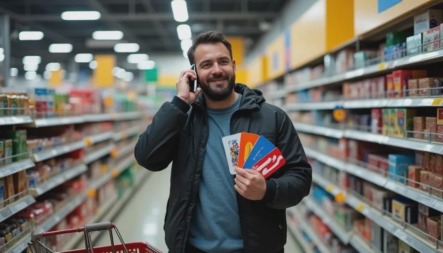 Man in supermarket gift card aisle on phone holding prepaid cards.