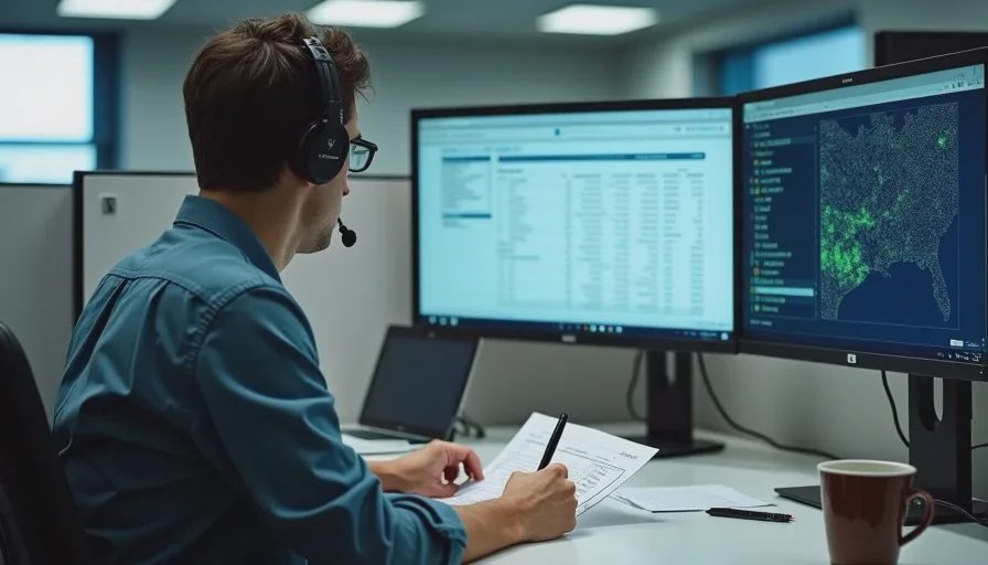 Man in hallway reading one-time code from phone to caller.